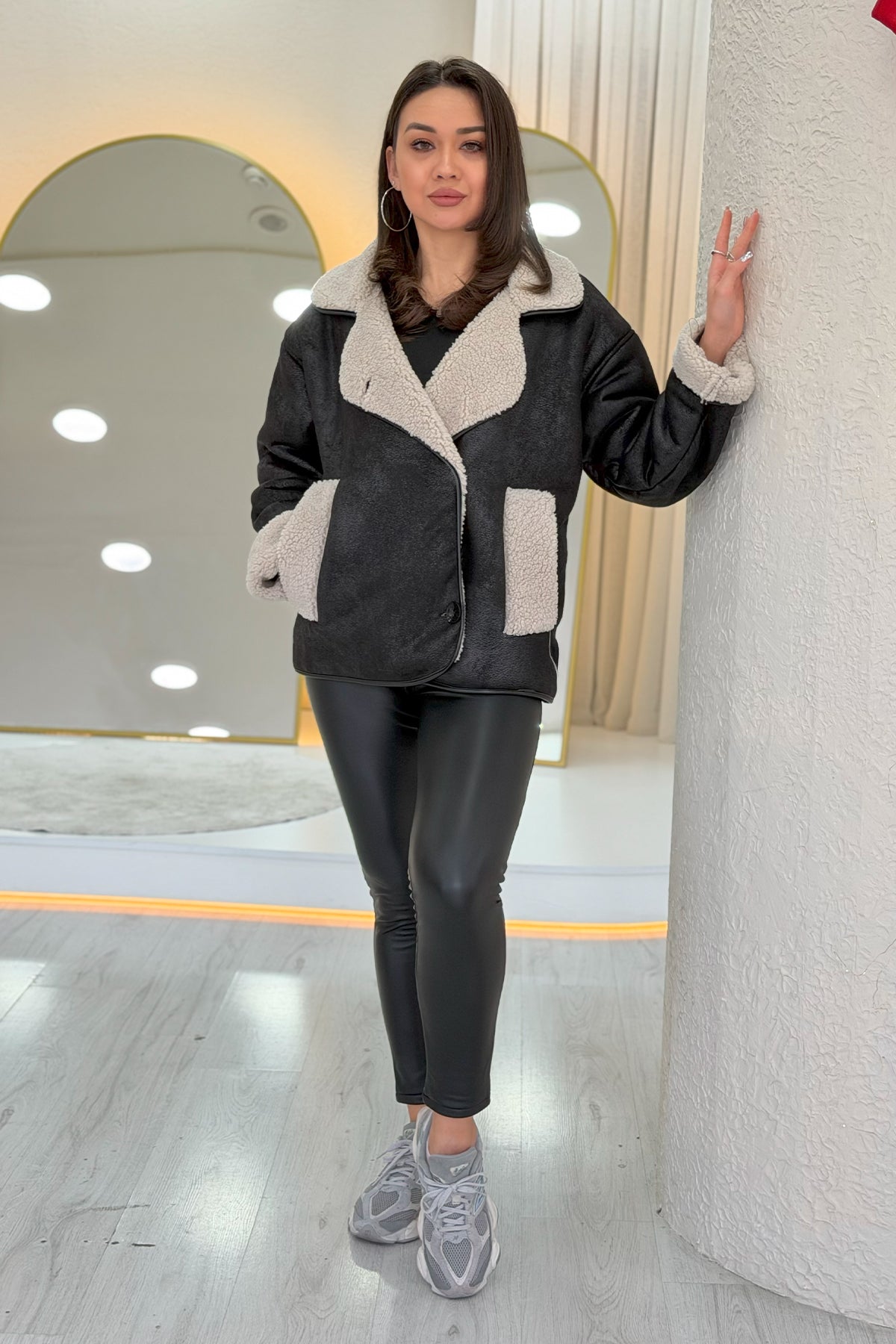 Siyah İçi Kürklü Suni Deri Çift Cepli Ceket 