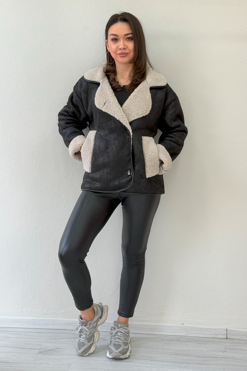 Siyah İçi Kürklü Suni Deri Çift Cepli Ceket 