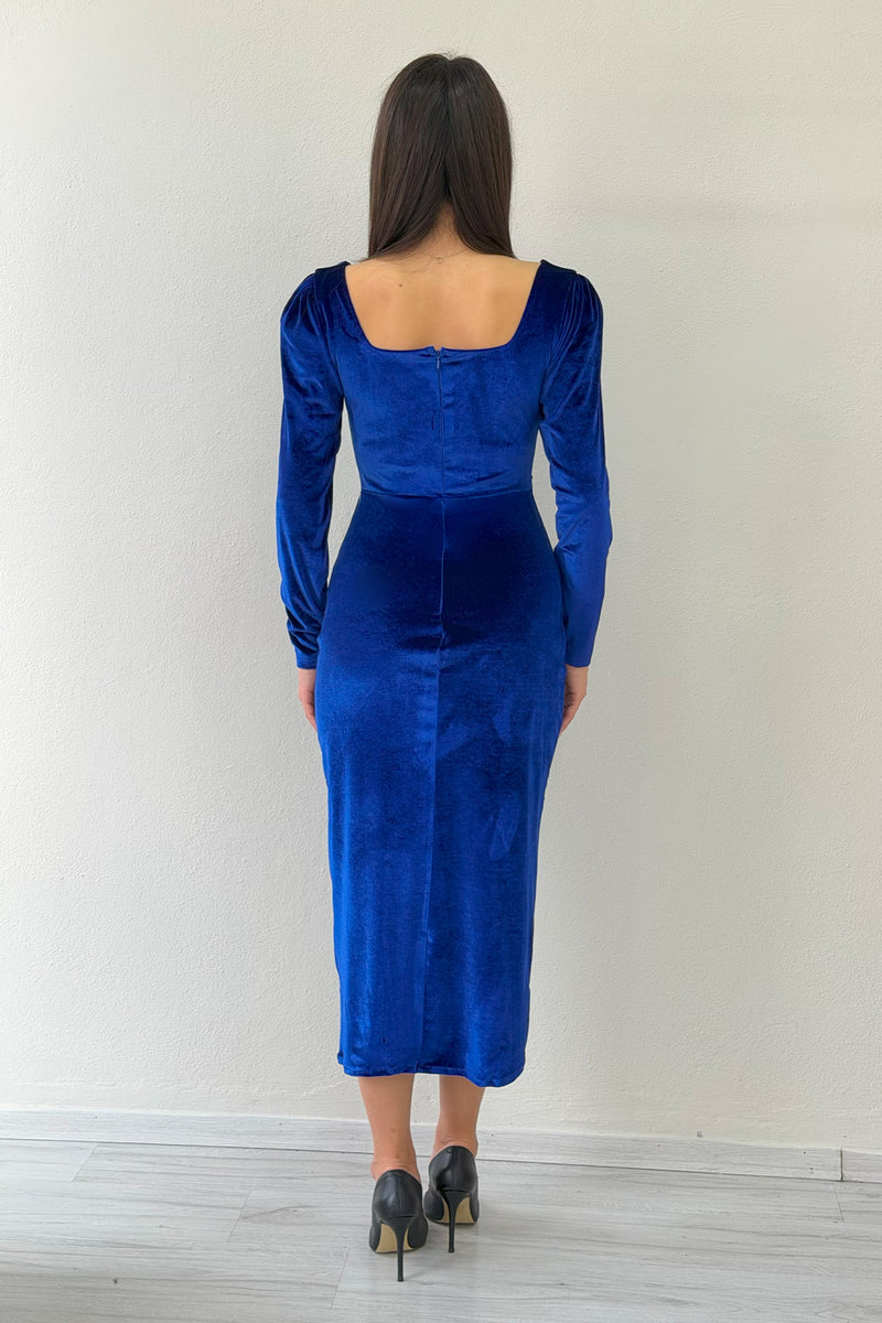 Saks Kare Yaka Kadife Midi Boy Elbise