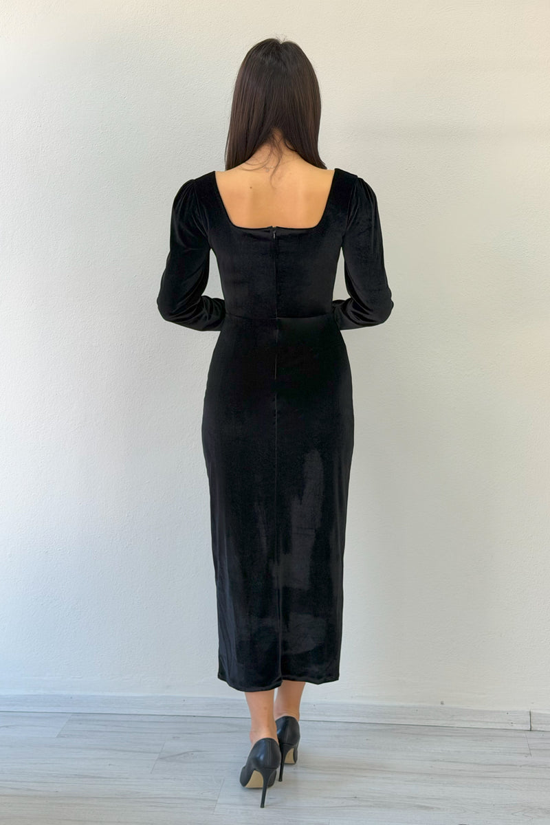 Siyah Kare Yaka Kadife Midi Boy Elbise