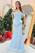 Bebe Mavi Düşük Omuz Korse Detay Uzun Saten Abiye Elbise