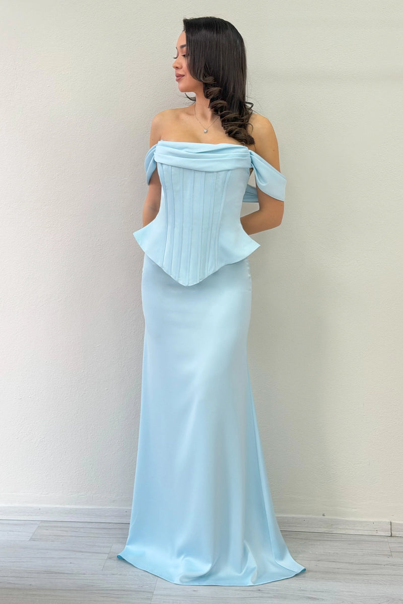 Bebe Mavi Düşük Omuz Korse Detay Uzun Saten Abiye Elbise 