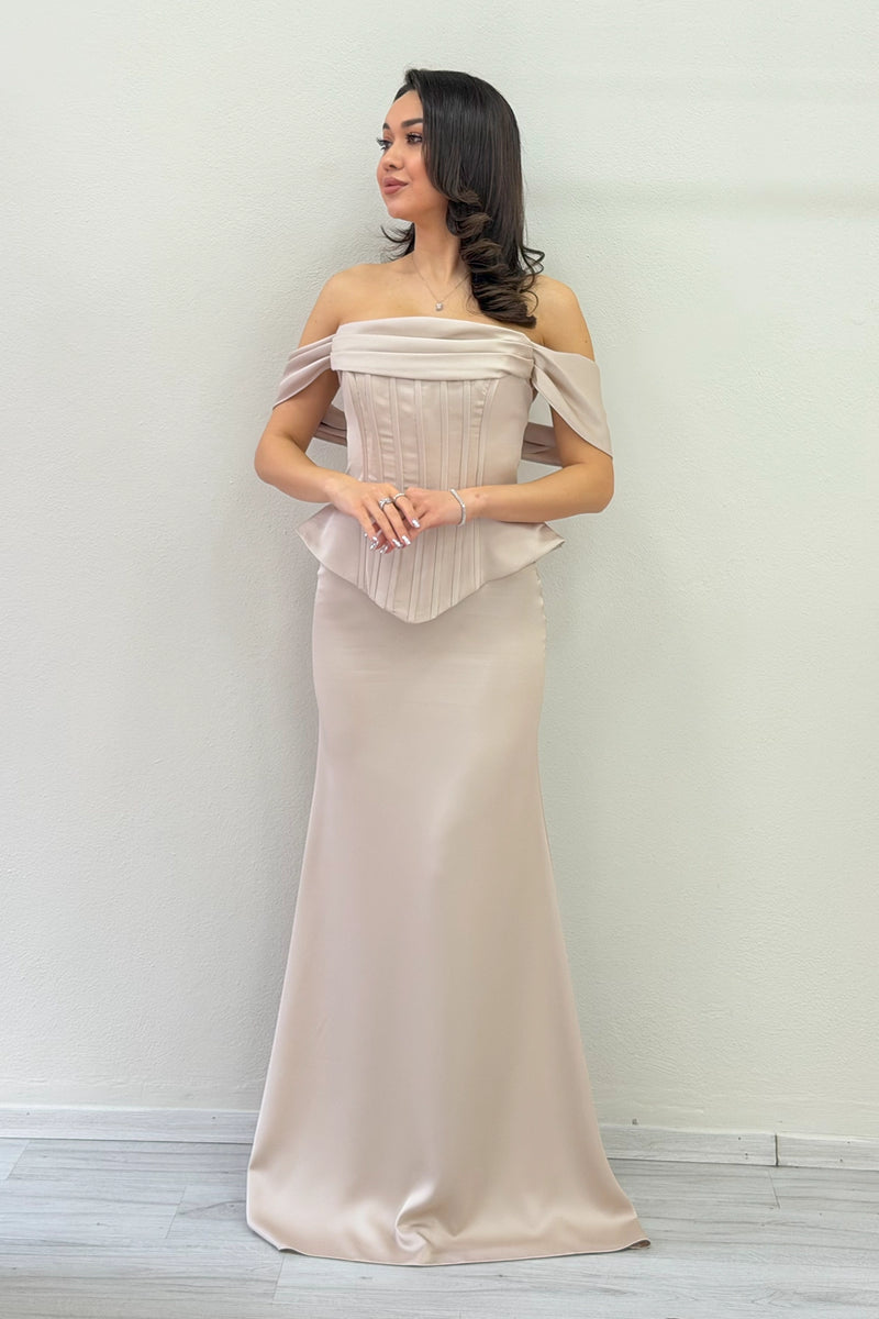 Bej Düşük Omuz Korse Detay Uzun Saten Abiye Elbise 