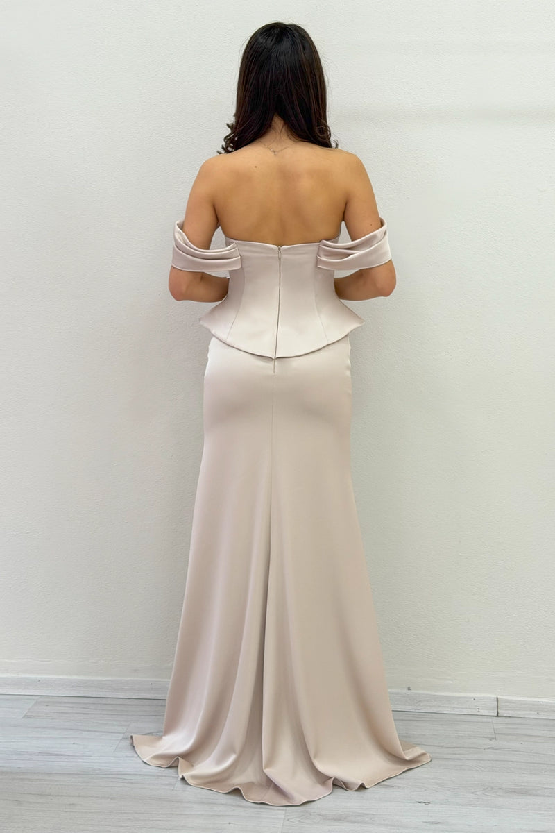 Bej Düşük Omuz Korse Detay Uzun Saten Abiye Elbise 