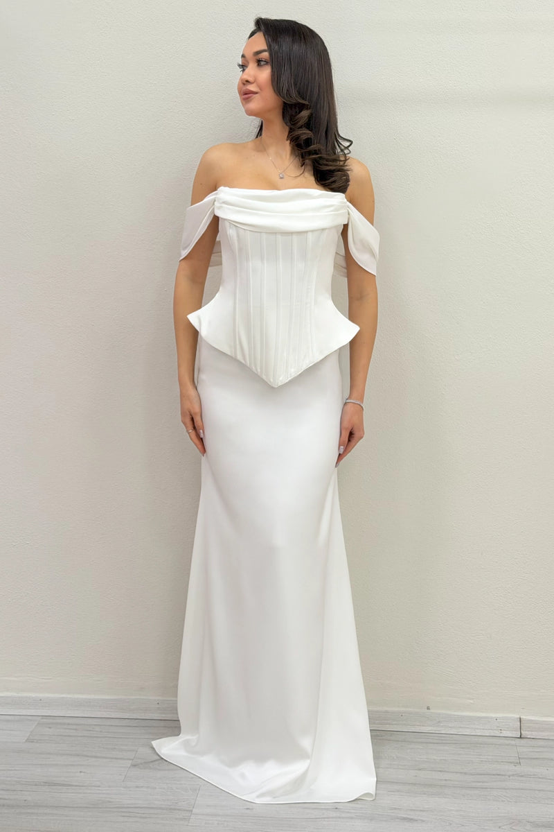 Beyaz Düşük Omuz Korse Detay Uzun Saten Nikah Abiye Elbise 