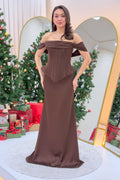 Kahverengi Düşük Omuz Korse Detay Uzun Saten Abiye Elbise