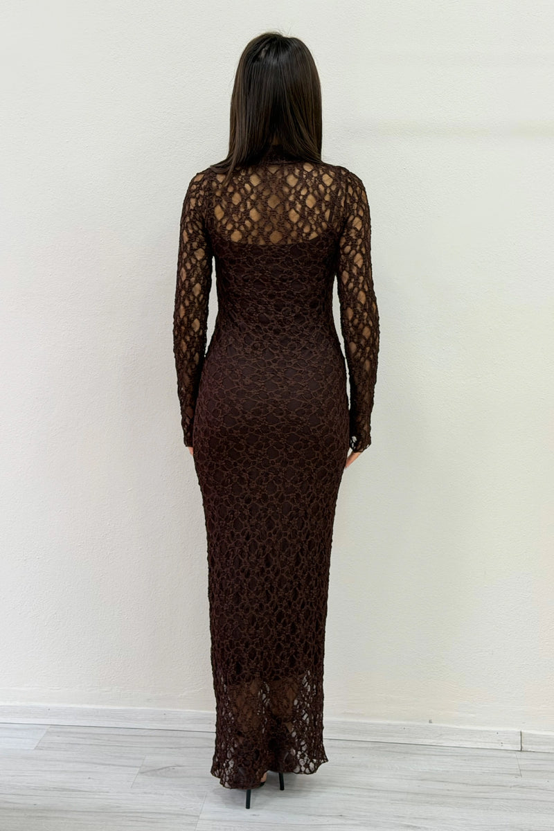 Kahverengi İç Astarlı Dik Yaka Midi Boy Kabartmalı Dantel Elbise
