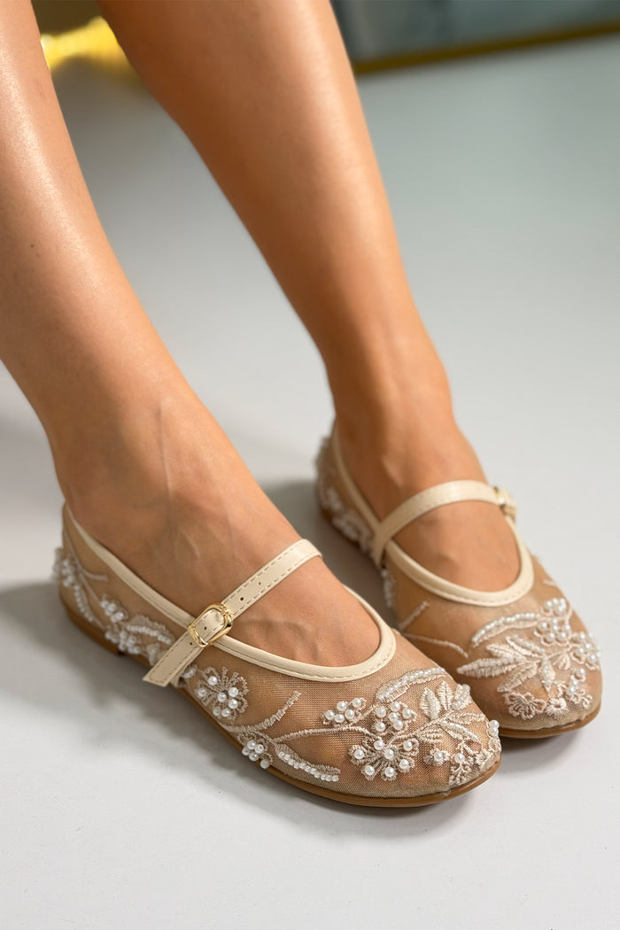 Kadın Bej İnci Detaylı Transparan Babet