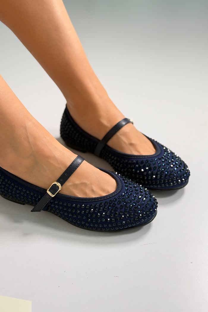 Kadın Lacivert Taş Detaylı Tokalı Babet