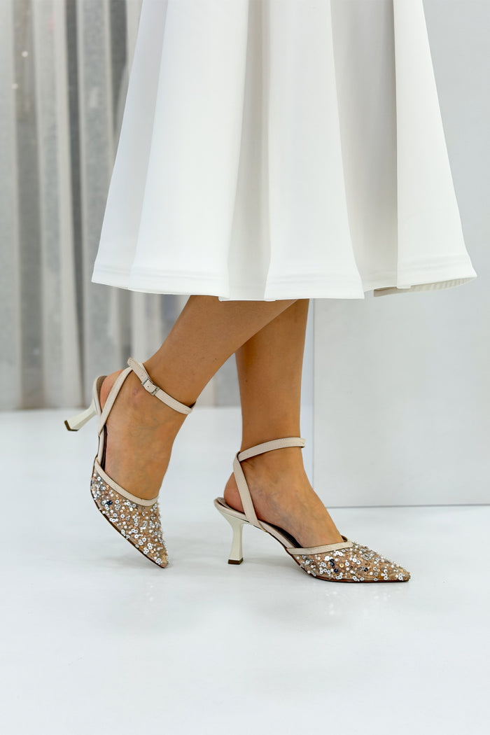 Kadın Bej Boncuk İşlemeli Topuklu Abiye Ayakkabı 