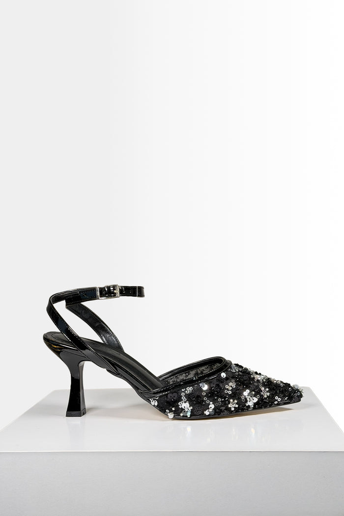 Kadın Gümüş Boncuk İşlemeli Topuklu Abiye Ayakkabı