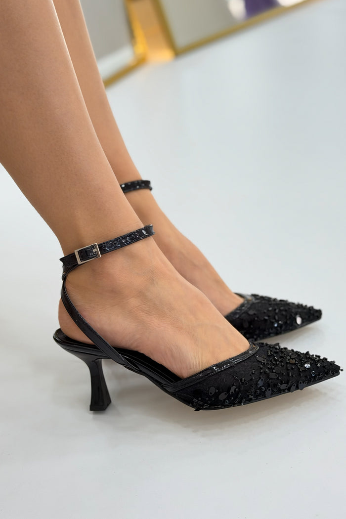 Kadın Siyah Boncuk İşlemeli Topuklu Abiye Ayakkabı 