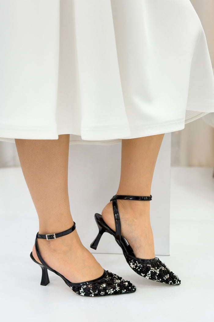 Kadın Gümüş Boncuk İşlemeli Topuklu Abiye Ayakkabı