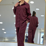 Bordo Saten Desenli Oversize  Gömlek Pantolon İkili Takım