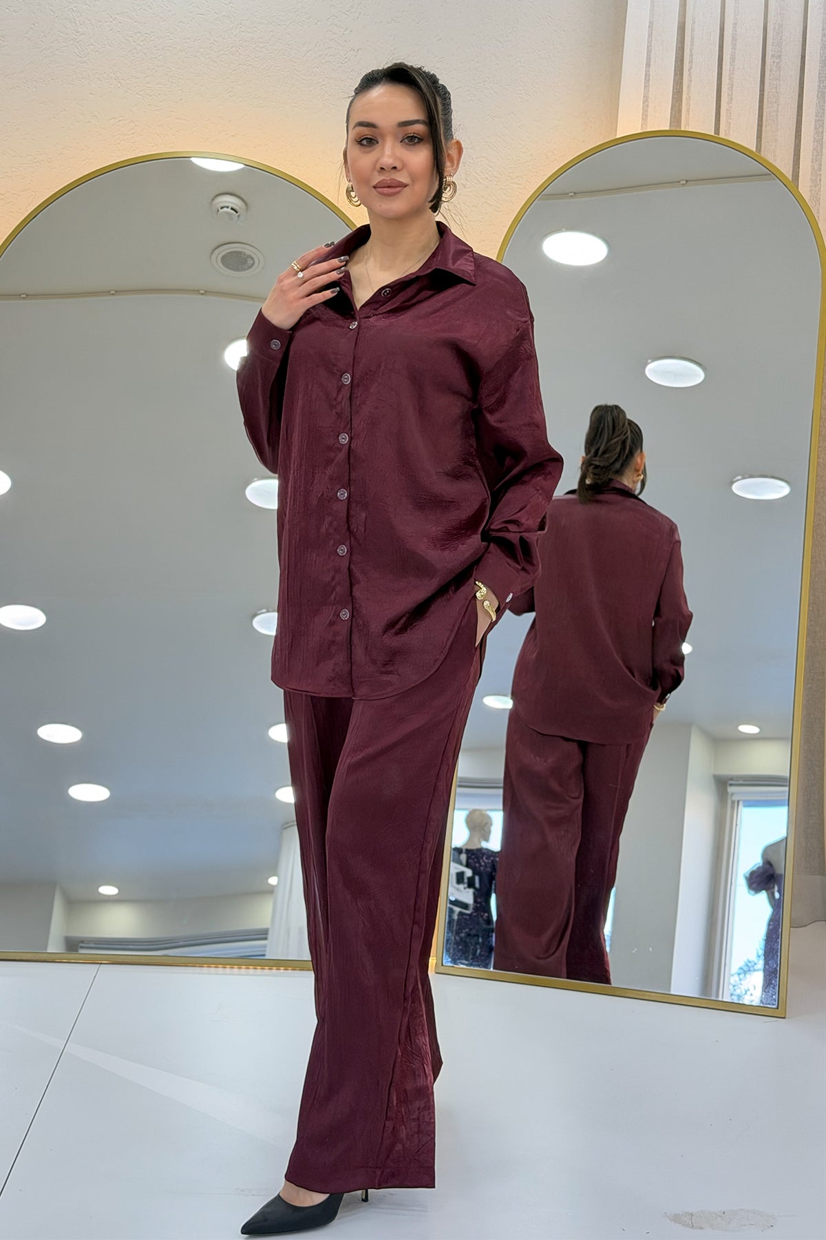 Bordo Saten Desenli Oversize  Gömlek Pantolon İkili Takım 