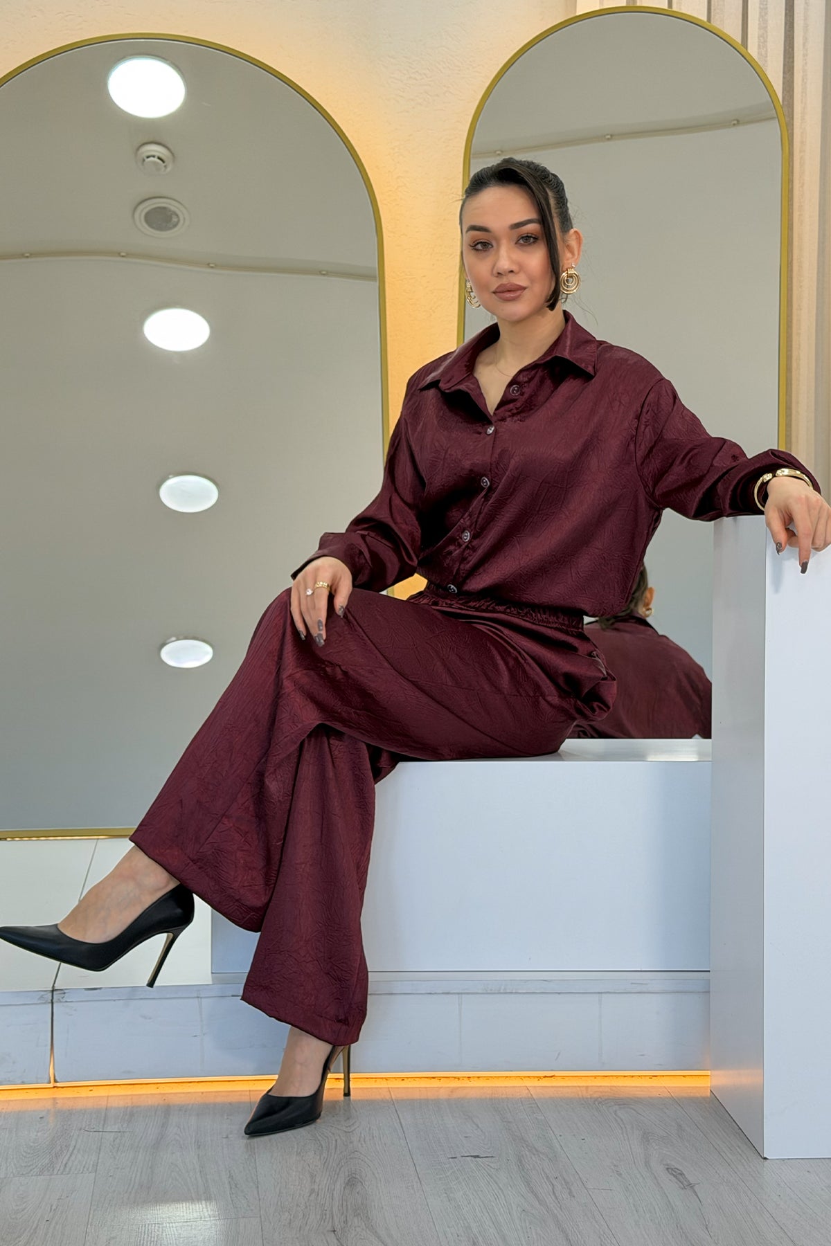 Bordo Saten Desenli Oversize  Gömlek Pantolon İkili Takım 