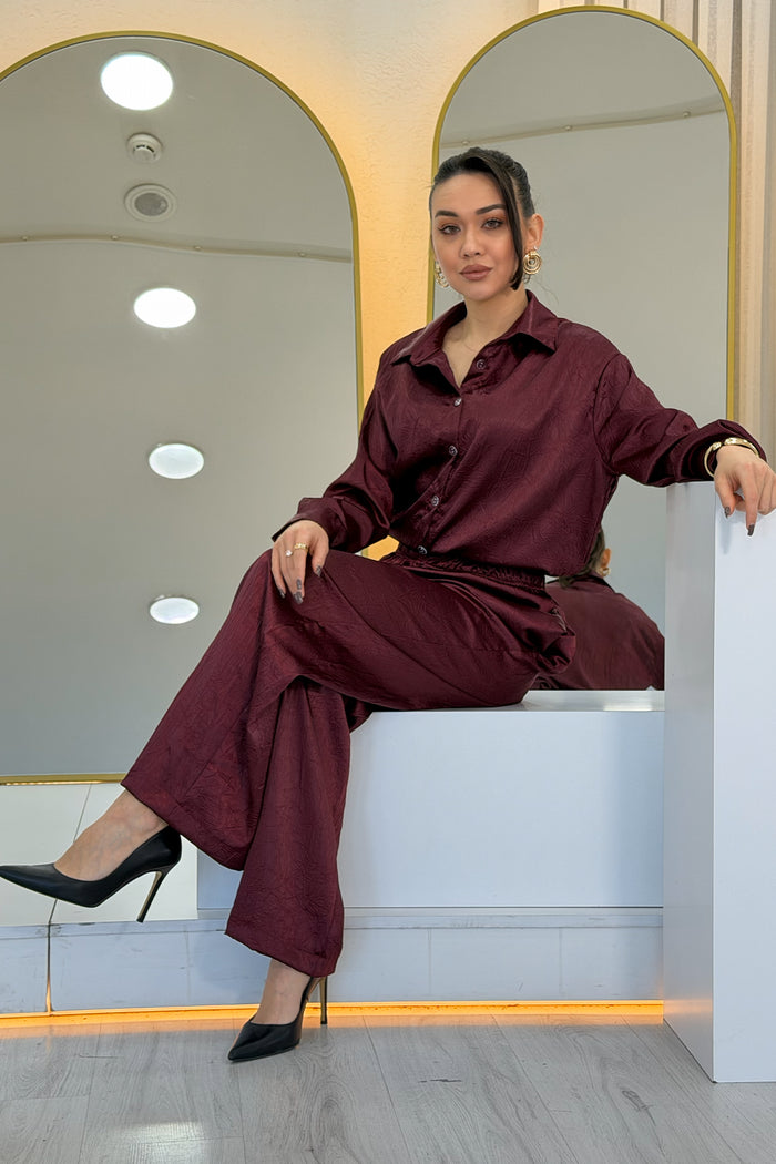 Bordo Saten Desenli Oversize  Gömlek Pantolon İkili Takım 