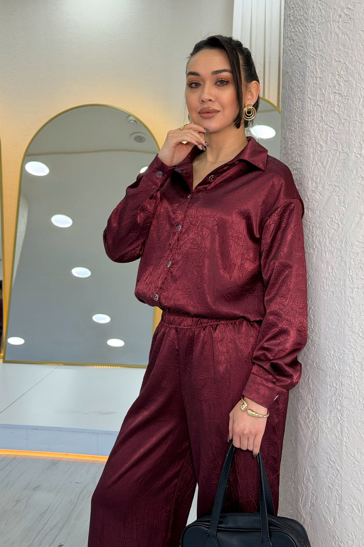 Bordo Saten Desenli Oversize  Gömlek Pantolon İkili Takım 
