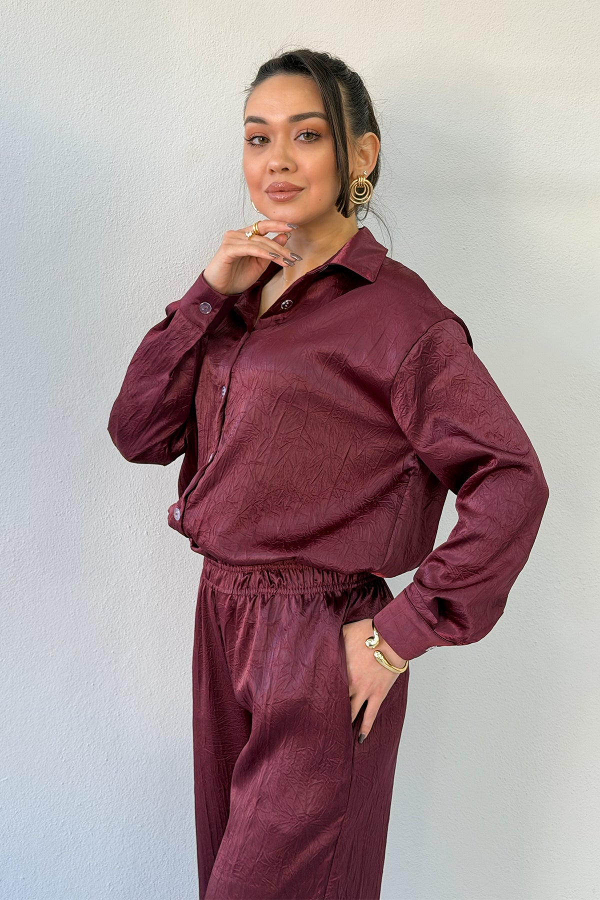 Bordo Saten Desenli Oversize  Gömlek Pantolon İkili Takım 