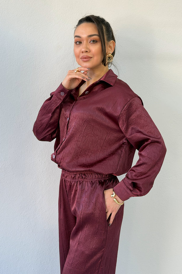 Bordo Saten Desenli Oversize  Gömlek Pantolon İkili Takım 