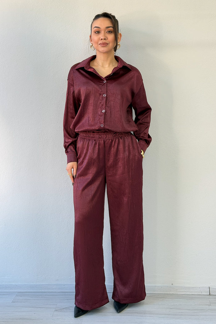 Bordo Saten Desenli Oversize  Gömlek Pantolon İkili Takım 