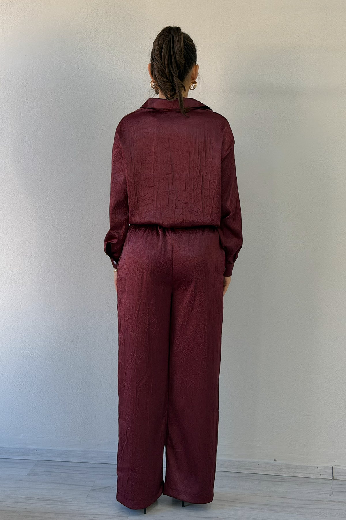 Bordo Saten Desenli Oversize  Gömlek Pantolon İkili Takım 