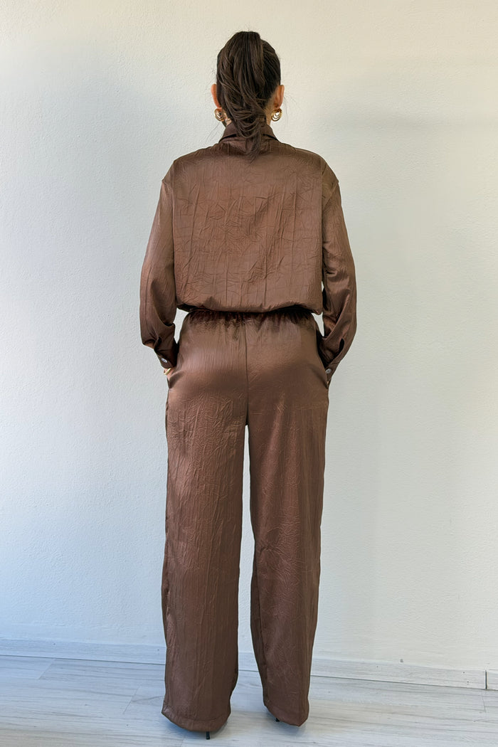 Kahverengi Saten Desenli Oversize  Gömlek Pantolon İkili Takım 