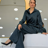 Petrol Mavi Saten Desenli Oversize  Gömlek Pantolon İkili Takım