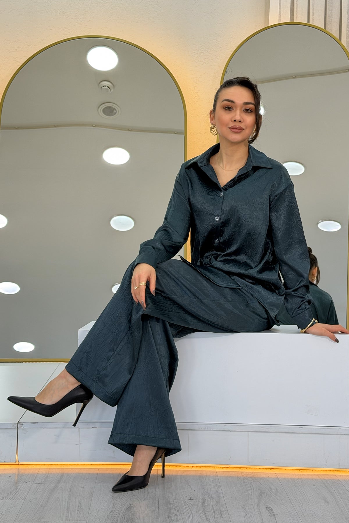 Petrol Mavi Saten Desenli Oversize  Gömlek Pantolon İkili Takım