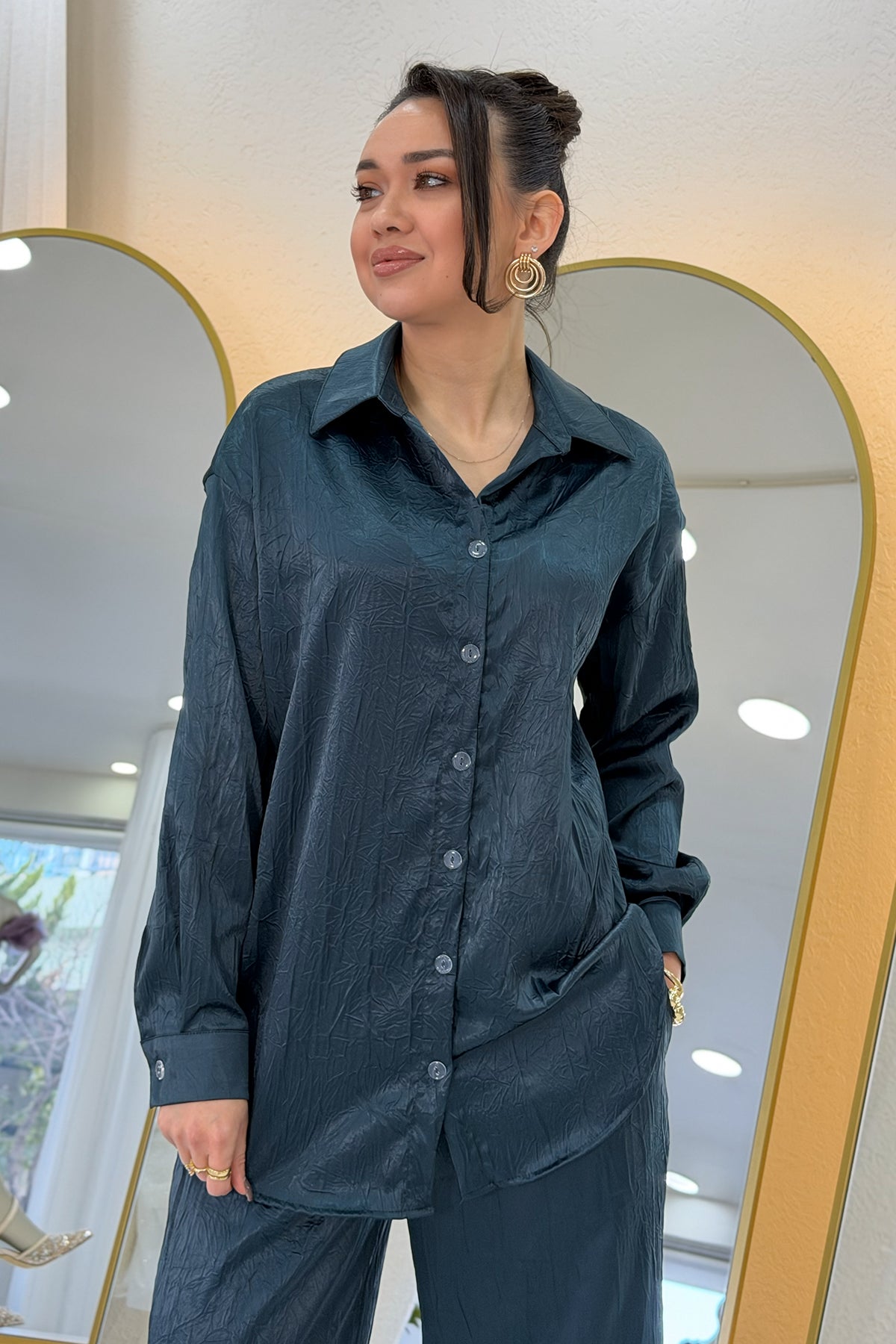 Petrol Mavi Saten Desenli Oversize  Gömlek Pantolon İkili Takım