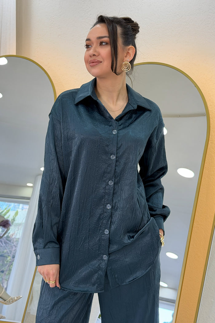 Petrol Mavi Saten Desenli Oversize  Gömlek Pantolon İkili Takım