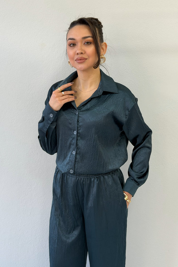 Petrol Mavi Saten Desenli Oversize  Gömlek Pantolon İkili Takım