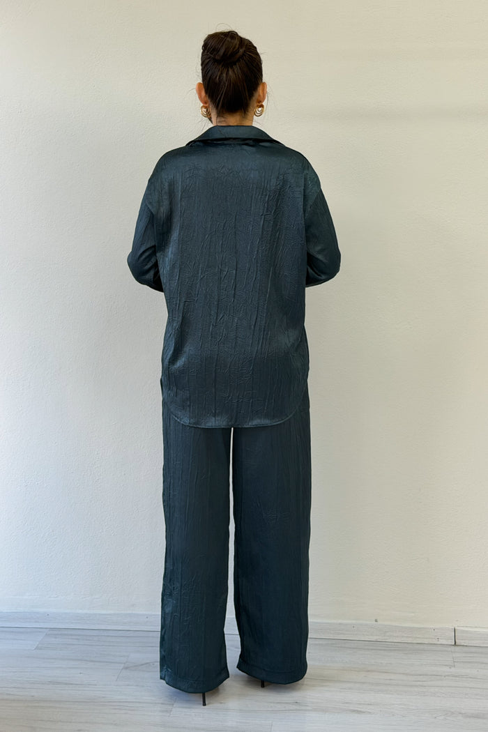 Petrol Mavi Saten Desenli Oversize  Gömlek Pantolon İkili Takım