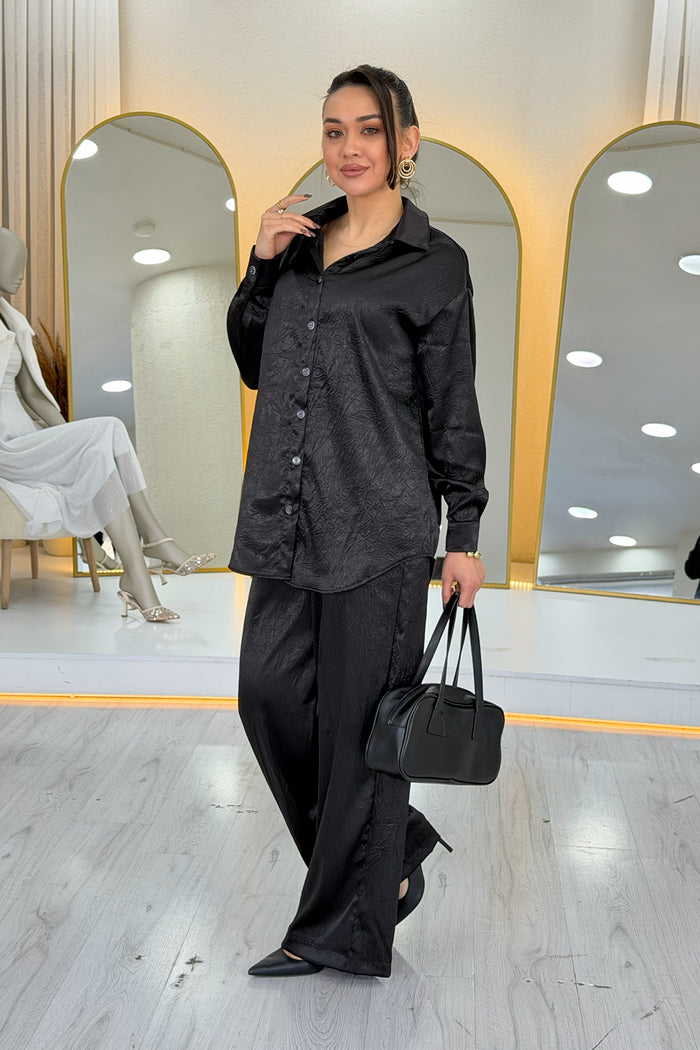 Siyah Saten Desenli Oversize  Gömlek Pantolon İkili Takım 