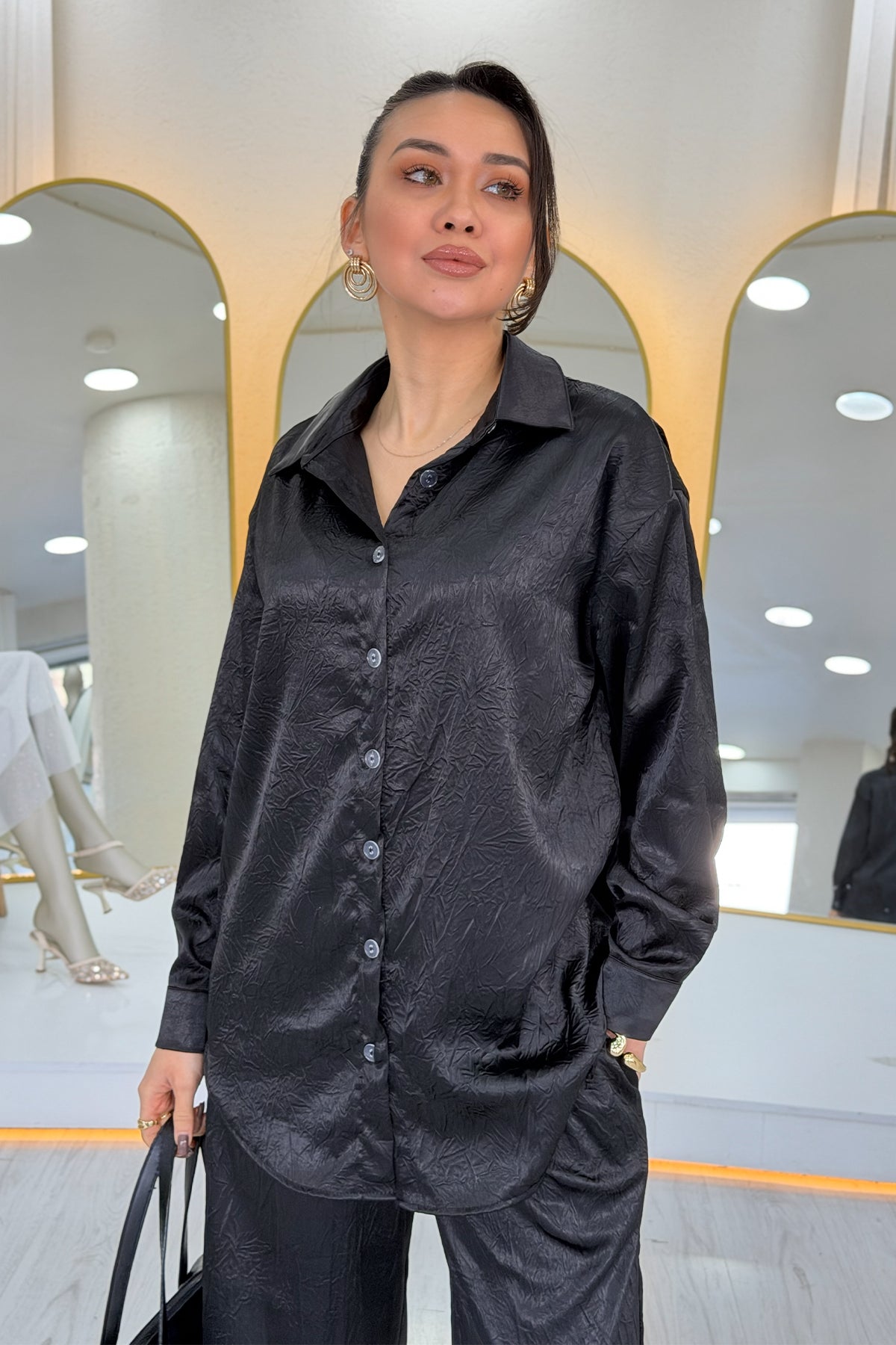 Siyah Saten Desenli Oversize  Gömlek Pantolon İkili Takım 