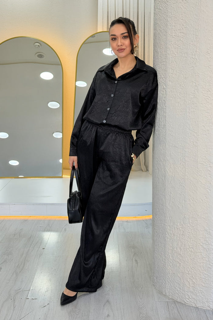 Siyah Saten Desenli Oversize  Gömlek Pantolon İkili Takım 