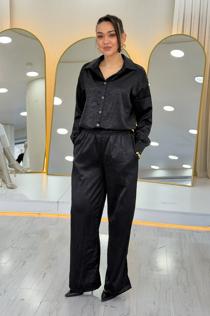 Siyah Saten Desenli Oversize  Gömlek Pantolon İkili Takım 