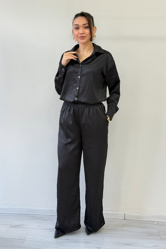 Siyah Saten Desenli Oversize  Gömlek Pantolon İkili Takım 