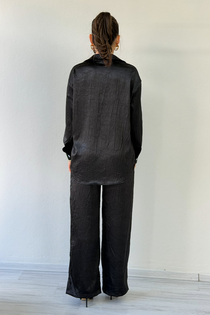 Siyah Saten Desenli Oversize  Gömlek Pantolon İkili Takım 