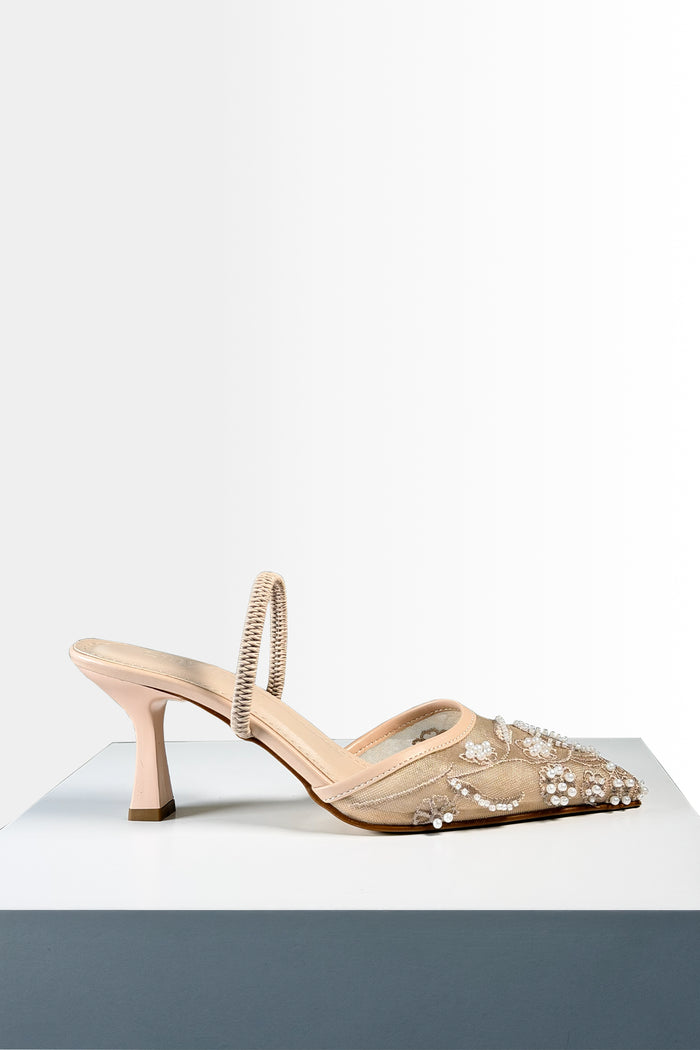 Kadın Bej Nakış ve Boncuk Detaylı Transparan Topuklu Ayakkabı 