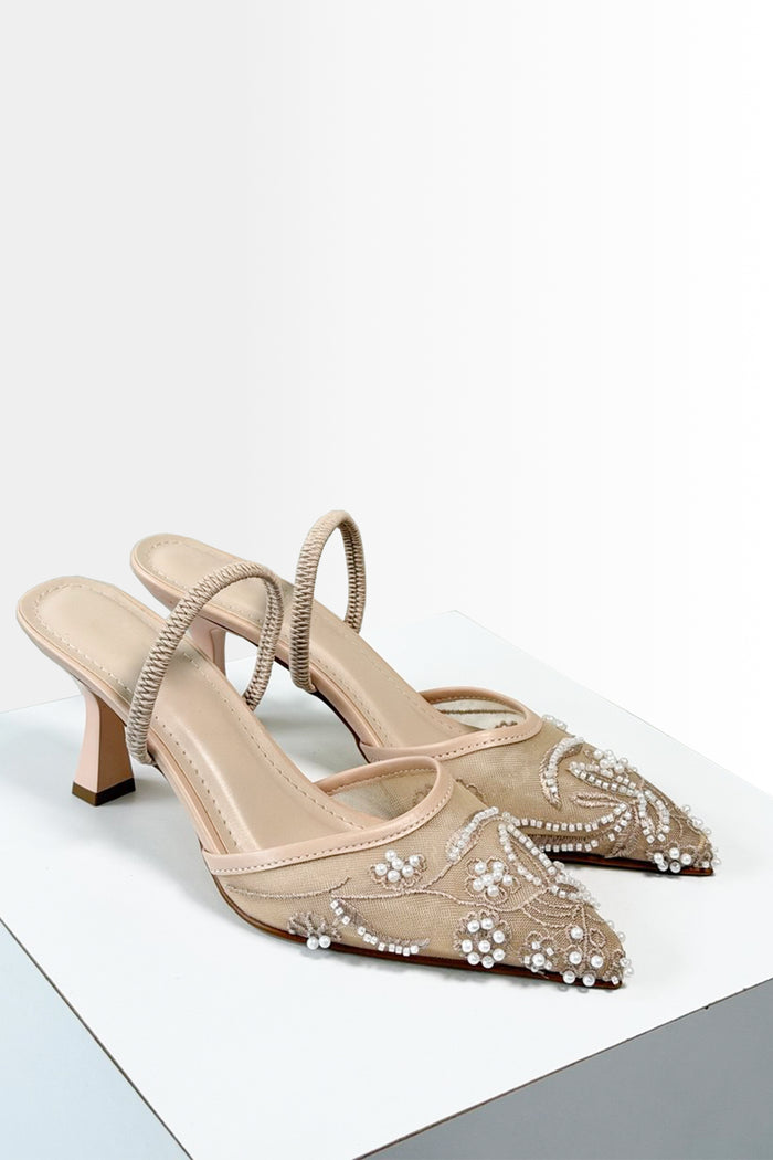 Kadın Bej Nakış ve Boncuk Detaylı Transparan Topuklu Ayakkabı 