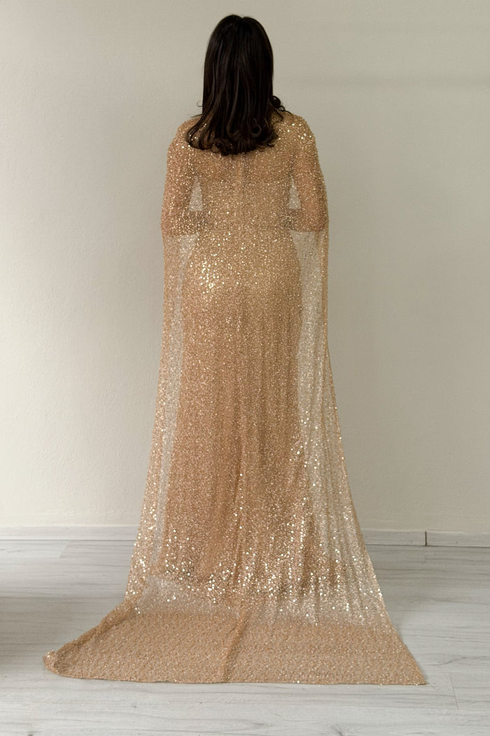 Kadın Gold Straplez Pelerinli Balık Abiye Elbise 