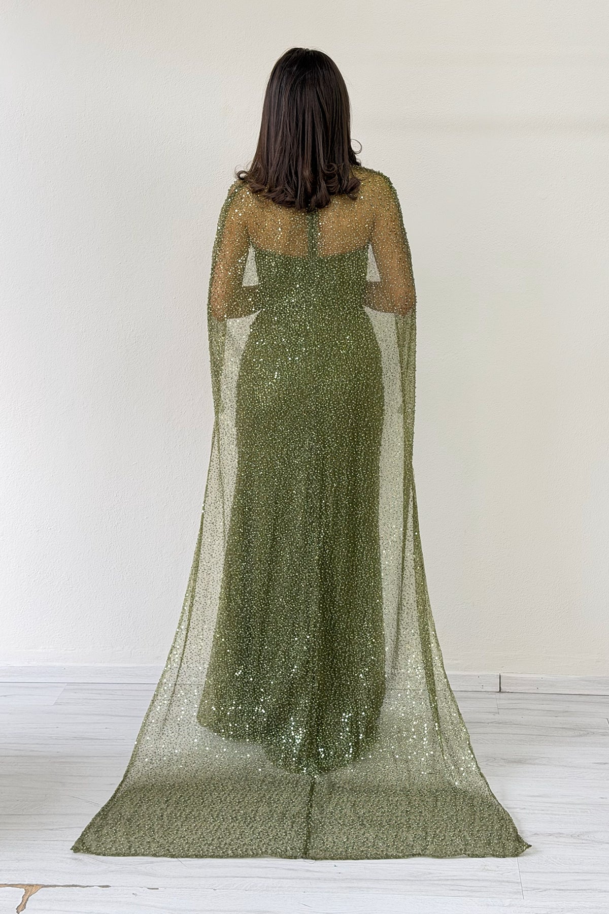 Kadın Haki Straplez Pelerinli Balık Abiye Elbise 