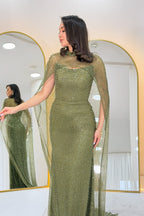 Kadın Haki Straplez Pelerinli Balık Abiye Elbise 