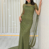 Kadın Haki Straplez Pelerinli Balık Abiye Elbise