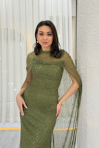 Kadın Haki Straplez Pelerinli Balık Abiye Elbise 