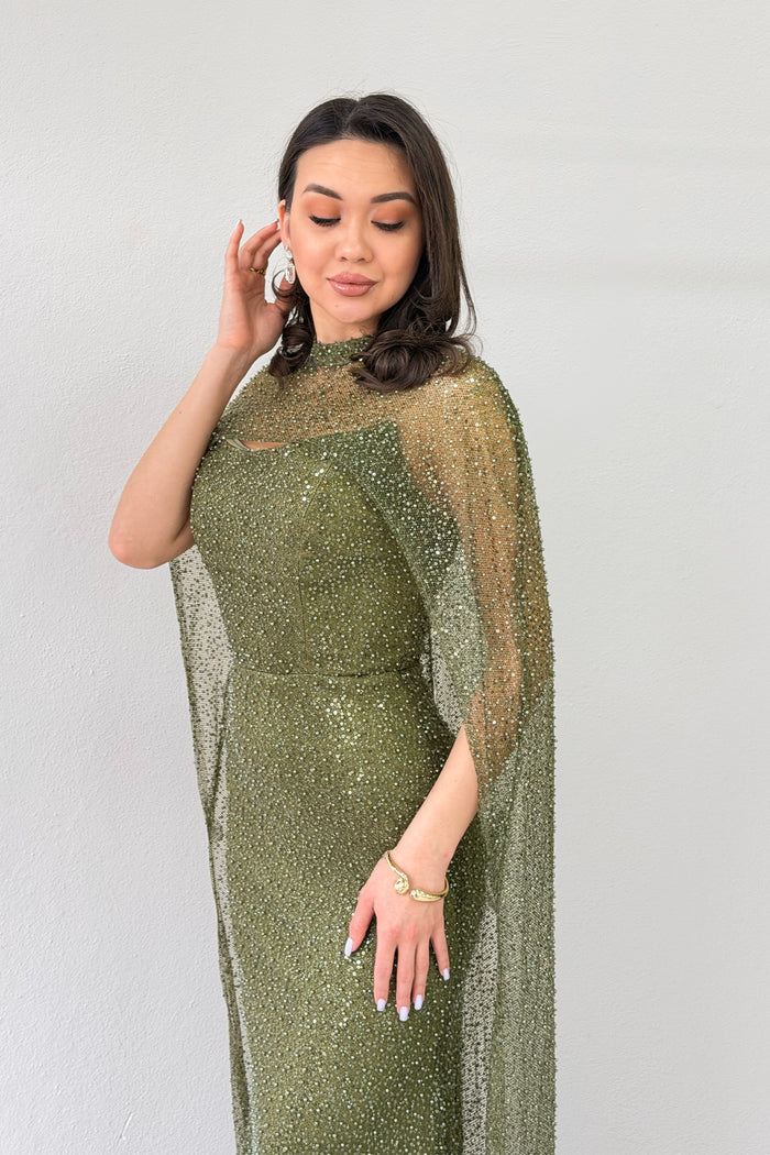 Kadın Haki Straplez Pelerinli Balık Abiye Elbise 