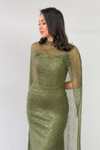 Kadın Haki Straplez Pelerinli Balık Abiye Elbise 