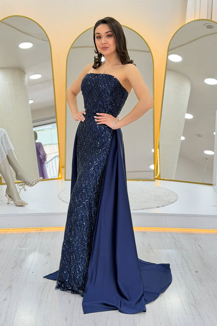 Kadın Lacivert Saten Kuyruklu Çıkarılabilir Kol Detaylı Abiye Elbise