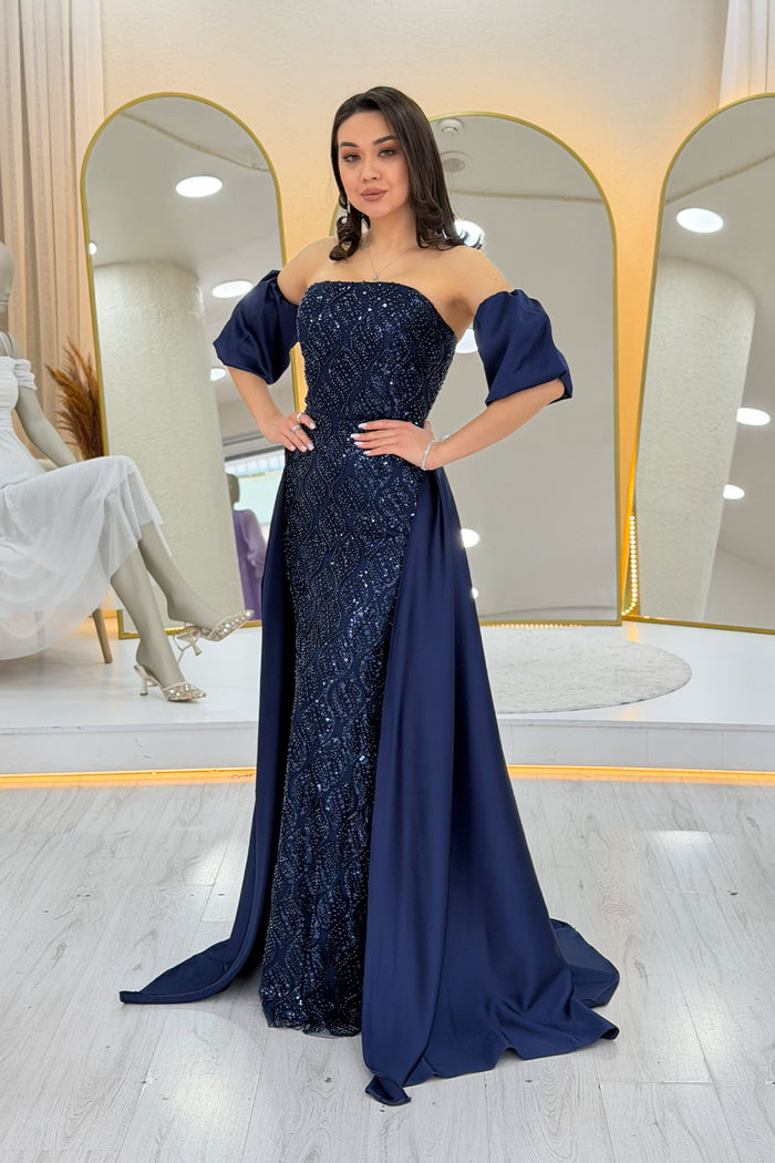 Kadın Lacivert Saten Kuyruklu Çıkarılabilir Kol Detaylı Abiye Elbise